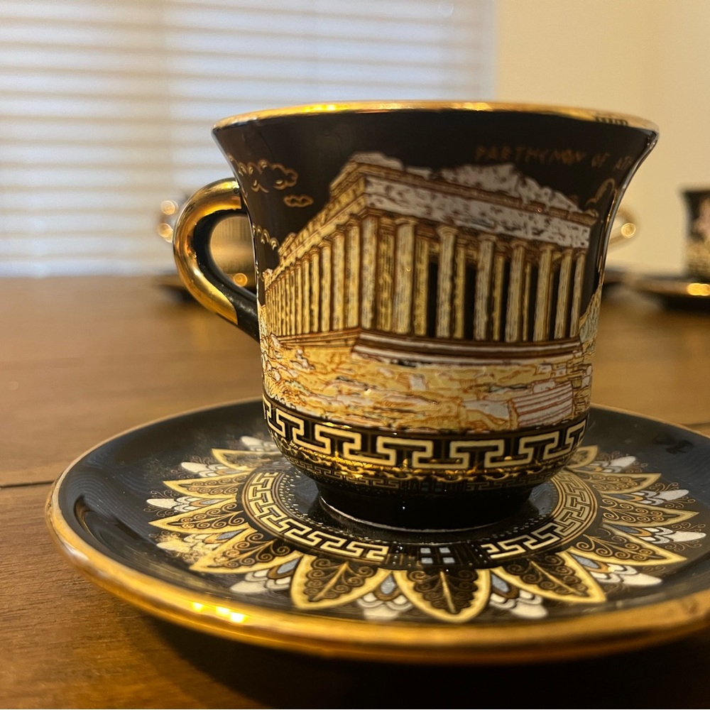 Elegant Black and Gold Greek Motif Teacup and Saucer